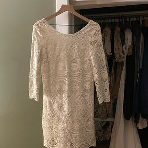 Women's Cream Lace Shift Dress - Elegant Crochet Detail